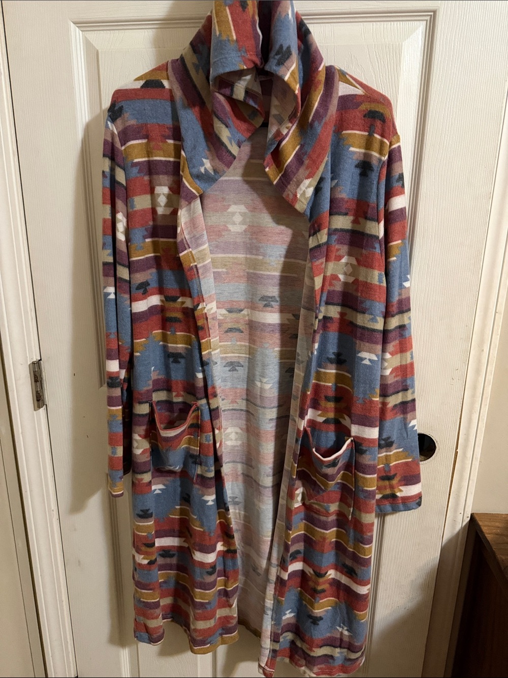 Open-Front Southwestern Stripe Cardigan in Blue & Rust